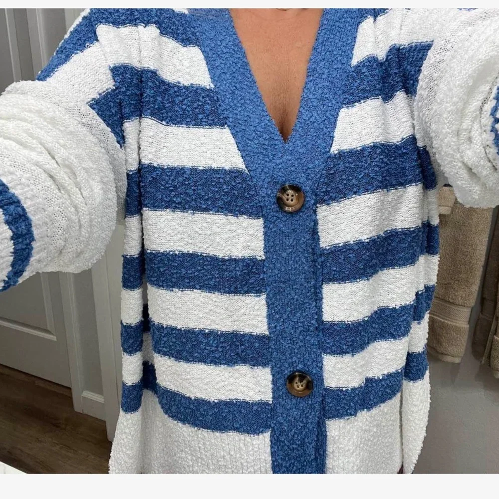 Cozy Color block Striped Button Down Oversized High Low Cardigan - Picture 10 of 11